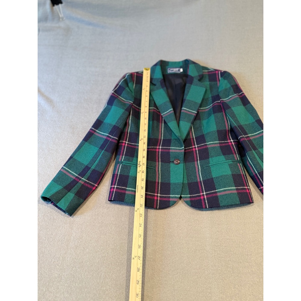 Vintage 80s Plaid Wool Blend Blazer – Teal Green Navy Pink – Petite Size 10 - Picture 13 of 15